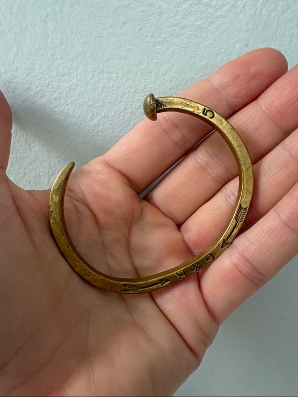 Giles and BrothersAntique-Inspired Gold Brass Cuff Bracelet with Arrow Engraving